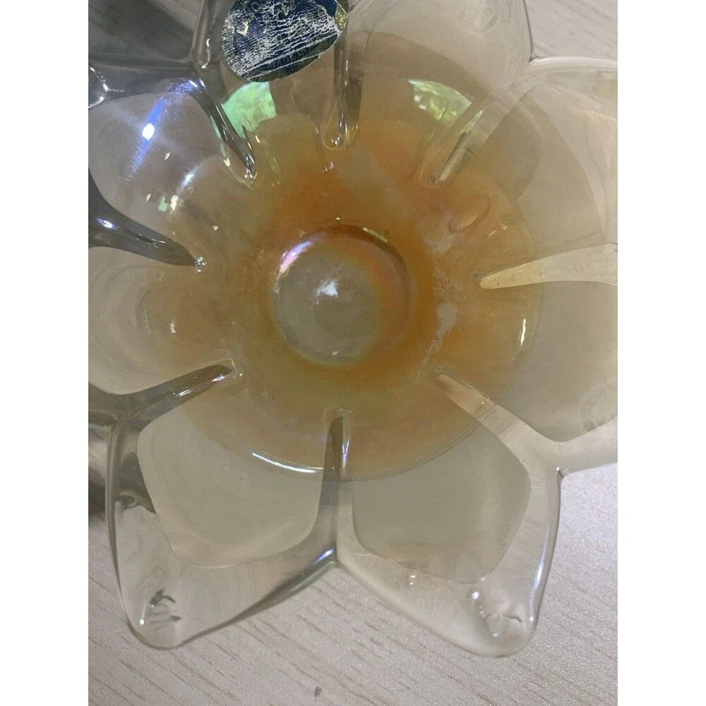 Murano Art Glass Star Flower Votive Dish white and Iridescent Orange has Sticker